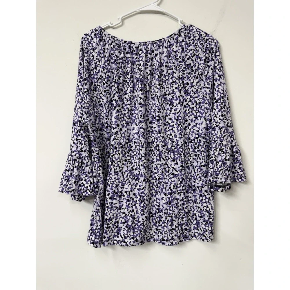 Michael Kors Women's XL Purple Floral Pebbles Peasant Romantic Knit Blouse Shirt
